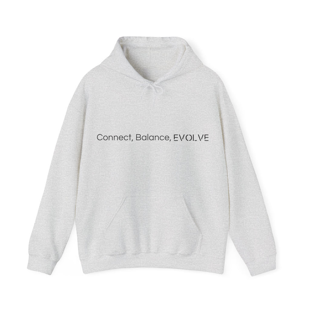 Front of a light gray sweatshirt with the words 'Connect, Balance, Evolve'