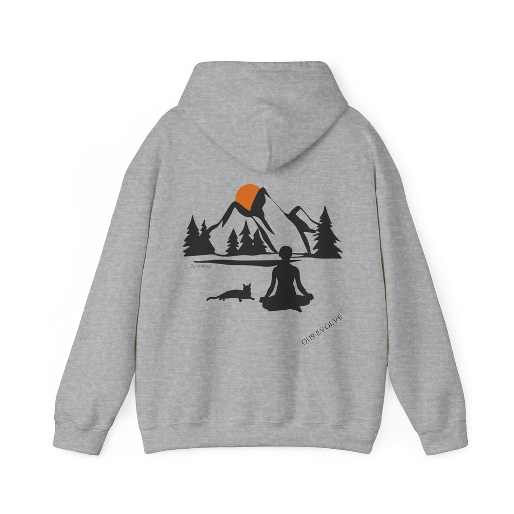 Gray Sweatshirt back features an image of a woman meditating in the mountains next to her cat, symbolizing peace and connection with nature, ideal for hiking enthusiasts.