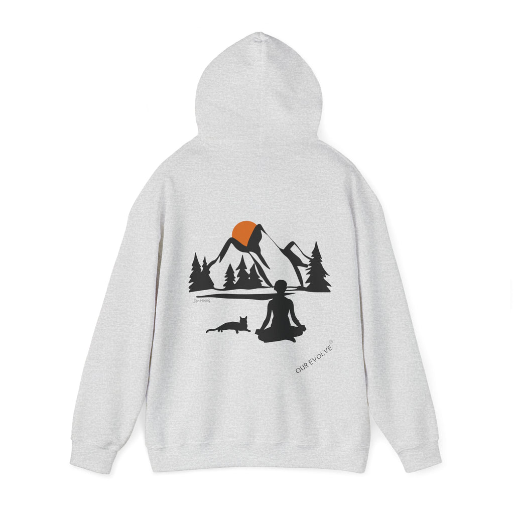 Light Gray Sweatshirt back features an image of a woman meditating in the mountains next to her cat, symbolizing peace and connection with nature, ideal for hiking enthusiasts.