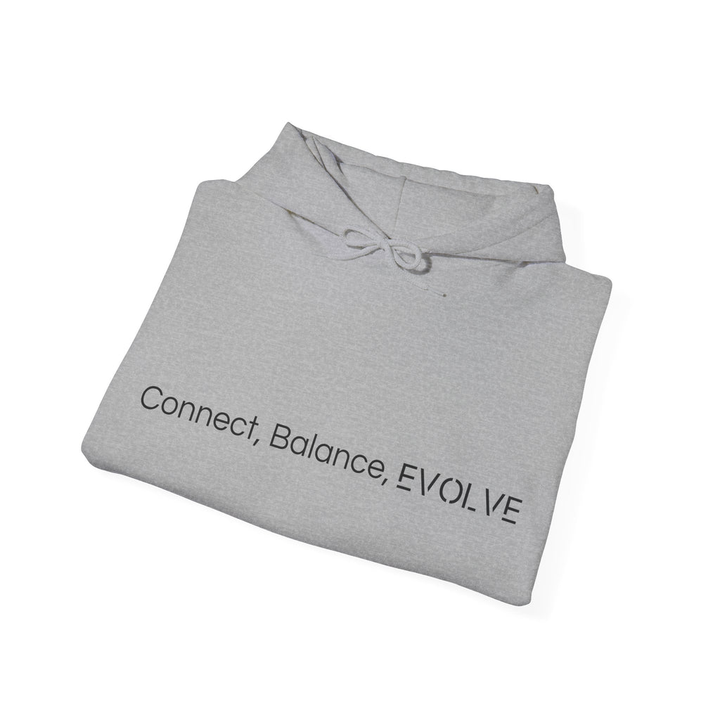 Folded sweatshirt with the words 'Connect, Balance, Evolve'