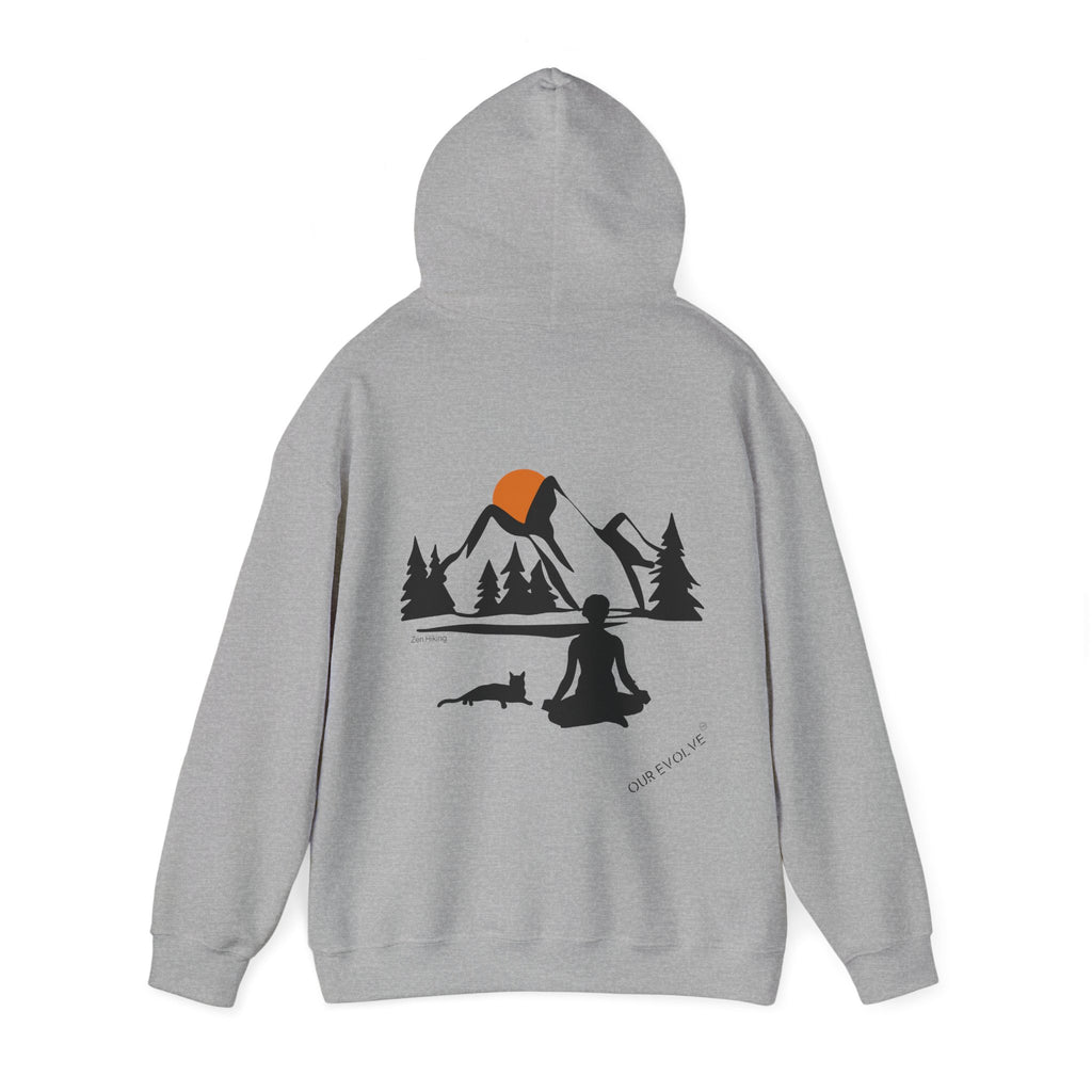 Gray Sweatshirt back features an image of a woman meditating in the mountains next to her cat, symbolizing peace and connection with nature, ideal for hiking enthusiasts.