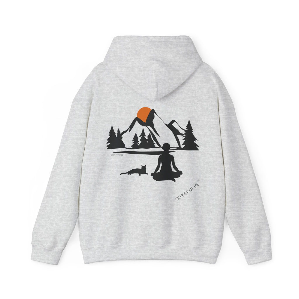 Light Gray Sweatshirt back features an image of a woman meditating in the mountains next to her cat, symbolizing peace and connection with nature, ideal for hiking enthusiasts.