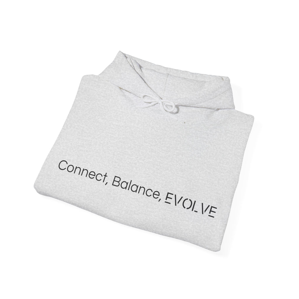 Folded Light gray sweatshirt with the words 'Connect, Balance, Evolve'