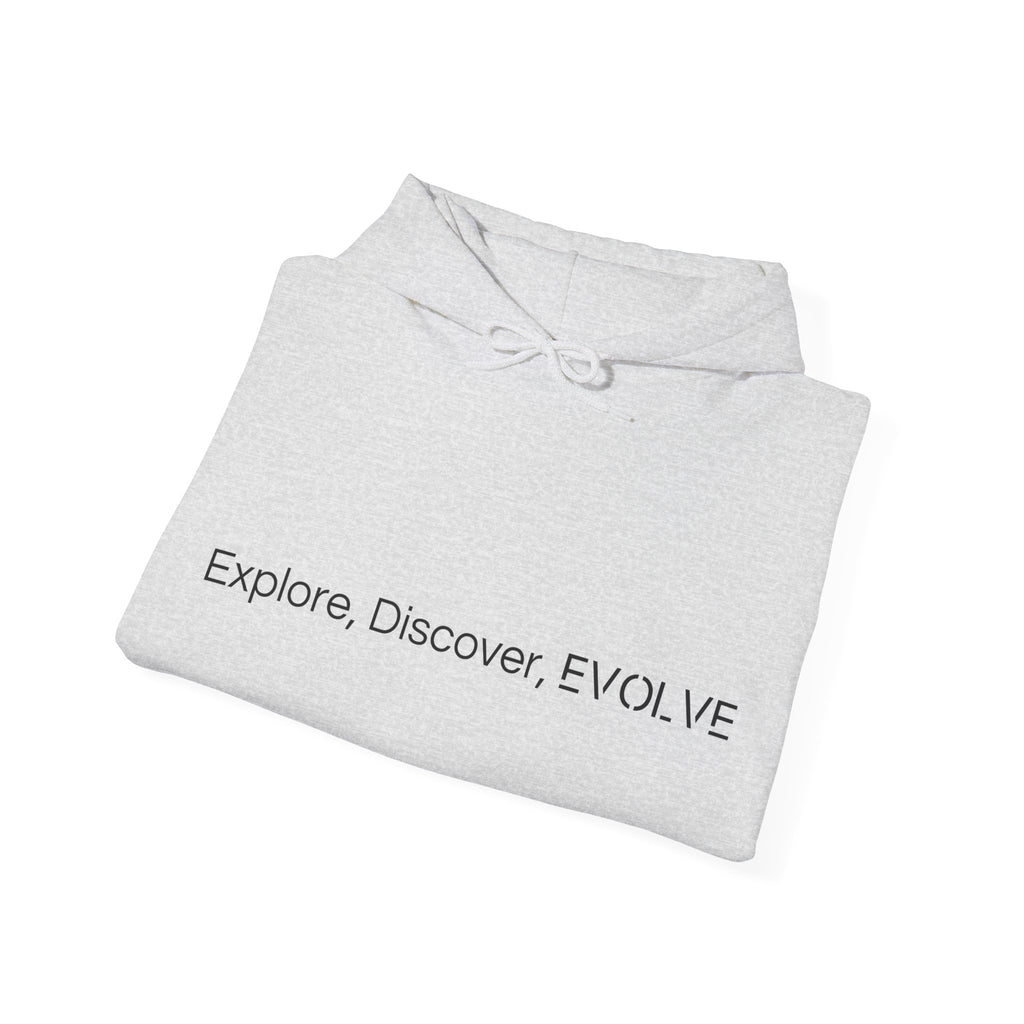 Folded: Sweatshirt with the words 'Explore, Discover, Evolve' on the front, inspiring growth and evolution.