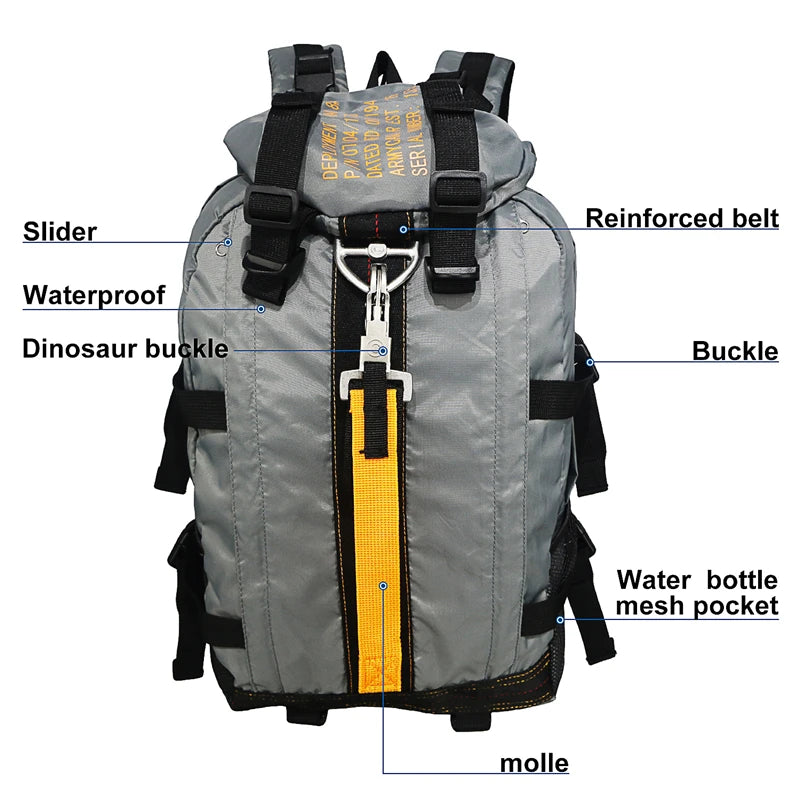 Front view of the Dino Trail Pro Pack in gray, highlighting features such as the slider, waterproof material, dinosaur buckle, reinforced belt, standard buckle, water bottle mesh pocket, and MOLLE system.