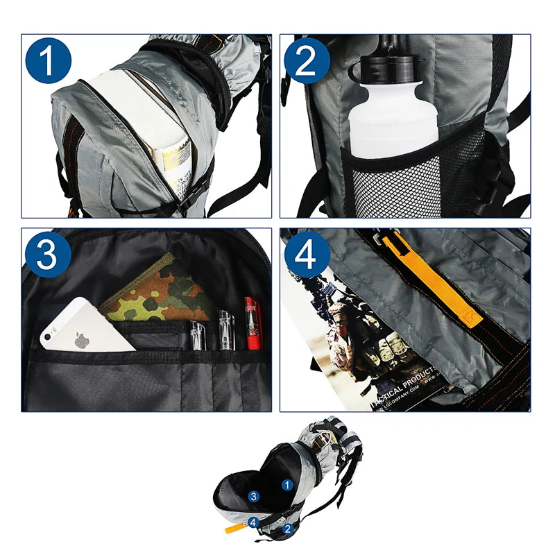 Four photos demonstrating the capacity and versatility of the Dino Trail Pro Pack, including essential items, filled compartments and additional pockets.