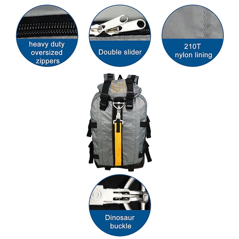 Front view of the Dino Trail Pro Pack in gray, close-up on features including heavy-duty oversized zippers, double slider, 210T nylon lining, and dinosaur buckle.