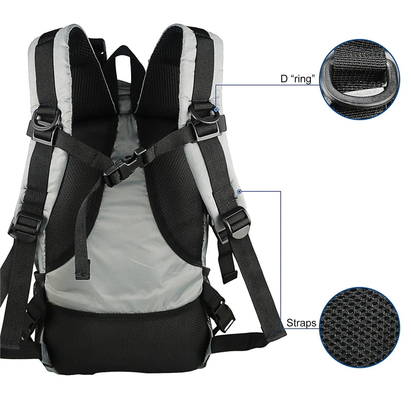 Back view of the Dino Trail Pro Pack in gray color, highlighting the D-rings and detailing the material of the shoulder straps.