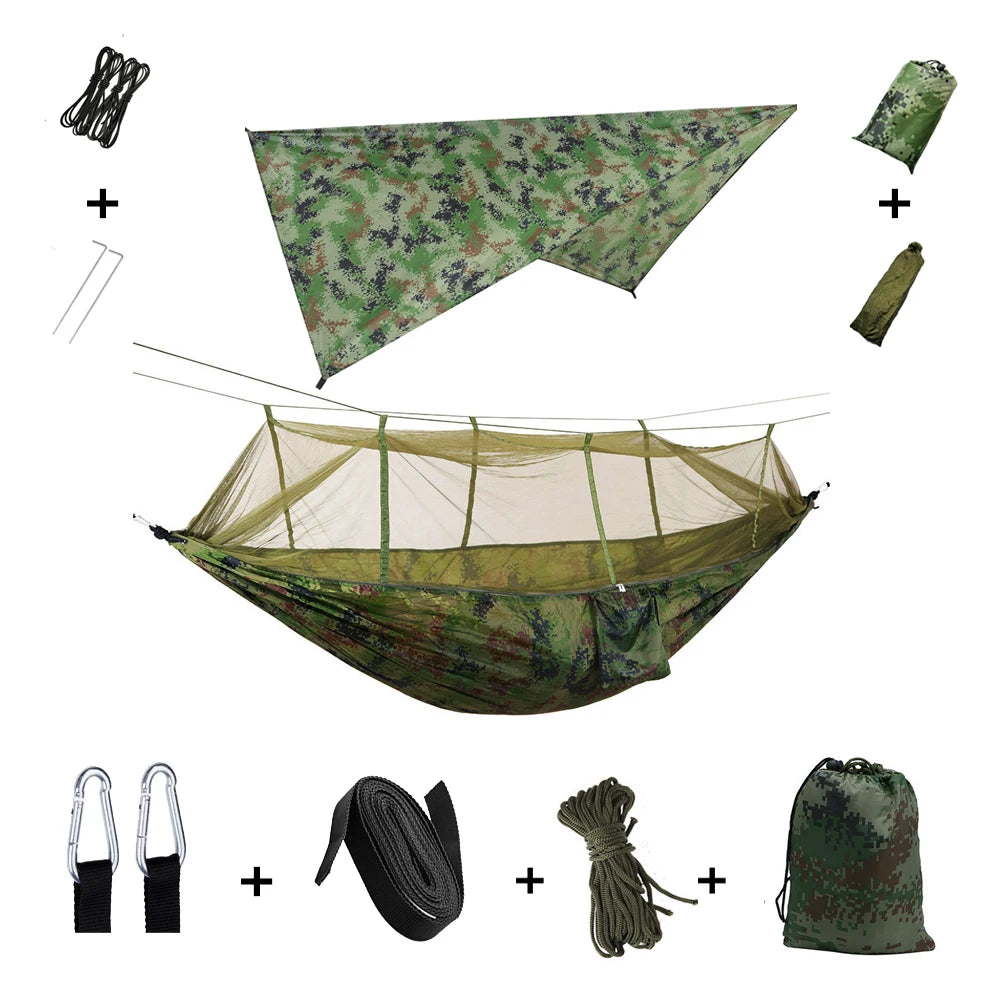 The Ultimate Outdoor Adventure Hammock Shelter System in camouflage color, fully assembled with a matching camouflage tarp, showcasing all included components."