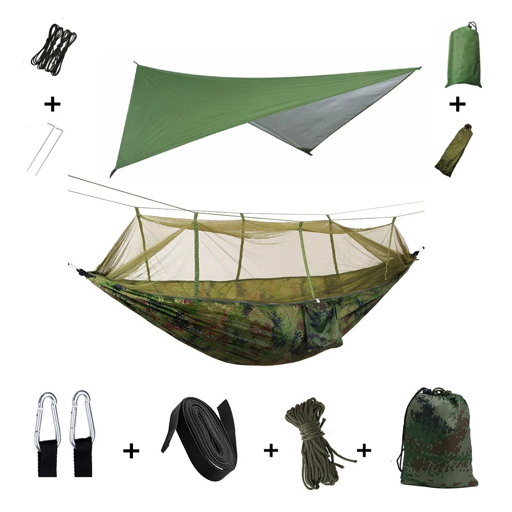 The Ultimate Outdoor Adventure Hammock Shelter System in camouflage color, fully assembled with a matching green tarp, showcasing all included components.